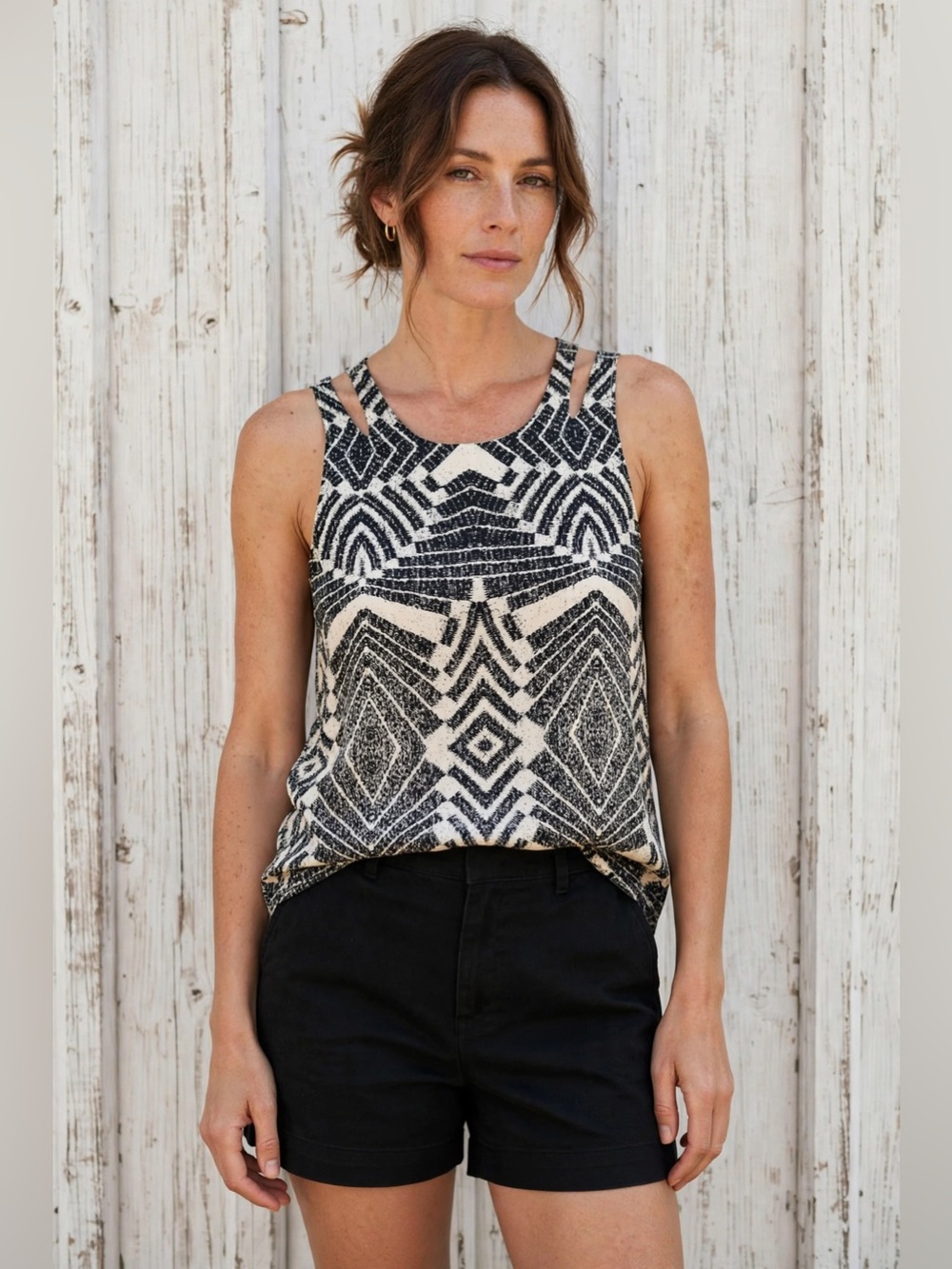 Fynn and Rose Small Silk Art Deco Tribal Tank Low Back Pleated Flowy Top